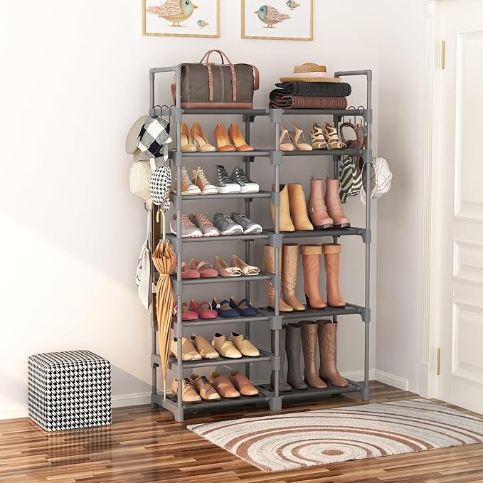 ROJASOP Shoe Rack, Shoe Storage Organizer for Closet Entryway Garage Bedroom, 8 Tier Tall Metal Shoe Shelf for 26-32 Pairs Boots & Shoes, Adjustable Shoe Stand for Small Space