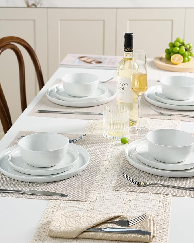 Famiware Mars Plates and Bowls Set, 12 Pieces Dinnerware Sets, Dishes Set for 4, White