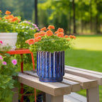 Ceramic Pots for Plants - 7.6 Inch Plant Pots Indoor with Drainage Hole, Fluted Round Ceramic Planter Outdoor, Modern Flower Planter, Home Office Living Room Decor, Garden Gifts, Blue