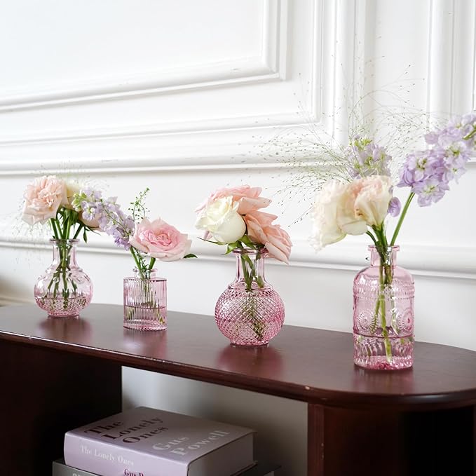 Pink Glass Bud Vase Set of 22, Small Vases for Flowers, Clear Glass Vases for Centerpieces, Mini Bud Vases in Bulk Rustic Wedding Decorations, Centerpieces, Vintage Look Home Table Flower Decor