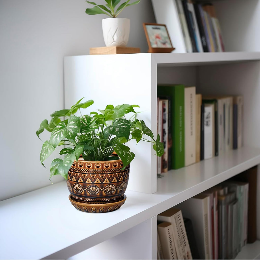 G EPGardening Ceramic Pot for Plants 5.5 Inch - Ceramic Plant Pot with Drainage Hole and Saucer, Boho Round Planter for Indoor Outdoor Plants, Plant Lover Gifts, Office Garden House Decor, Brown