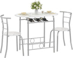 VECELO 3-Piece Dining Table Set for Kitchen Breakfast Nook, Faux Marbled Oval Tabletop and Metal Frame with Built-in Wine Rack, for Small Spaces, White & Silver