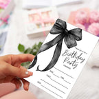 SIXEIGHT Black Bow Birthday Invitations, Black Ribbon Bow Birthday Party Invitations, 20 Party Invitations with Envelopes for Girls Boys, Birthday Party Favor & Decoration (4"x6")-A02