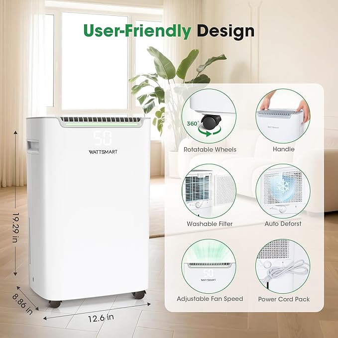 Dehumidifiers for Home with Drain Hose,75 OZ Water Tank, 4500 Sq.Ft 55 Pints Dehumidifiers for Basement, Bathroom, Bedroom, Three Modes, Smart Humidity Control, Dry Clothes, 24H Timer, White