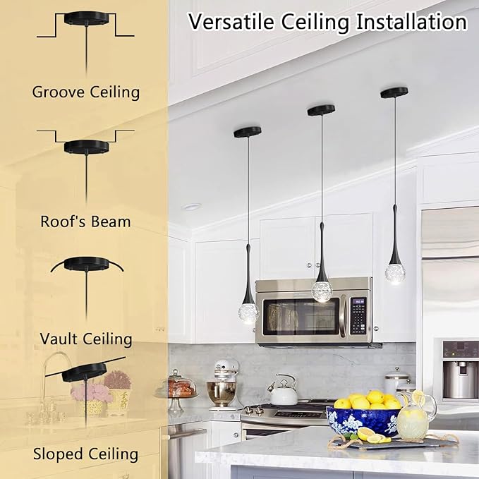 Modern Pendant Lights for Kitchen Island LED Dimmable Crystal Glam Ceiling Pendant Lighting for Dining Room Hallway Bedroom Corner Lamp Black