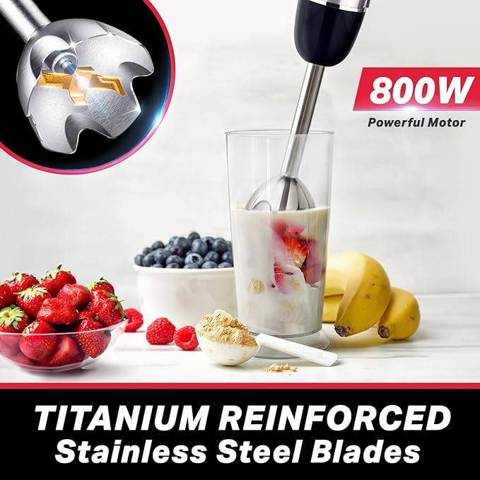 Mueller Multistick 800W 5-in-1 Immersion Blender Handheld, 12 Speed Hand Mixer - Turbo Boost, Heaviest Duty Copper Motor, Titanium Blades Hand Blender, Milk Frother Wand, Whisk, Kitchen Gadgets Black
