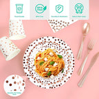 White and Rose Gold Party Supplies - 350 PCS Disposable Dinnerware Set - White Paper Plates Napkins Cups, Gold Plastic Forks Knives Spoon for Graduation, Birthday, Cocktail Party