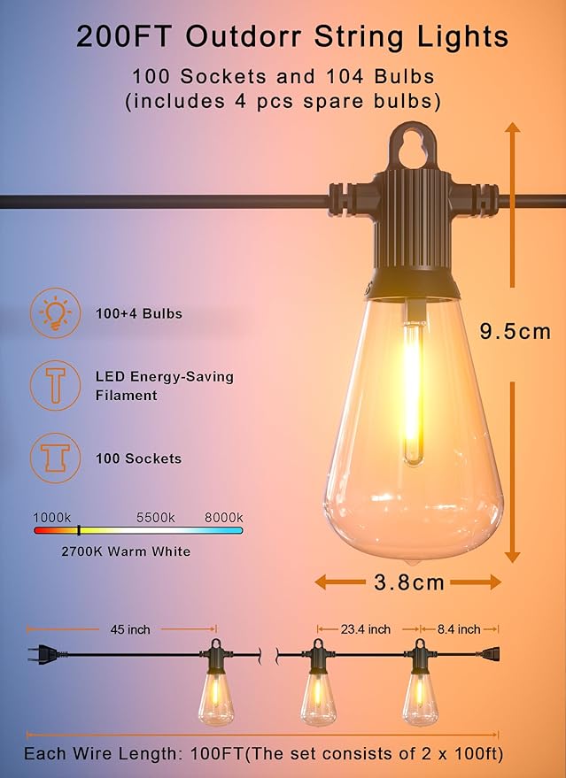 Outdoor String Lights, 200FT Patio Lights with 100 Shatterproof ST38 Globe Bulbs(4 Spare), Waterproof Connectable Dimmable LED Hanging String Lights for Outside Backyard Porch Balcony(100FT x 2)