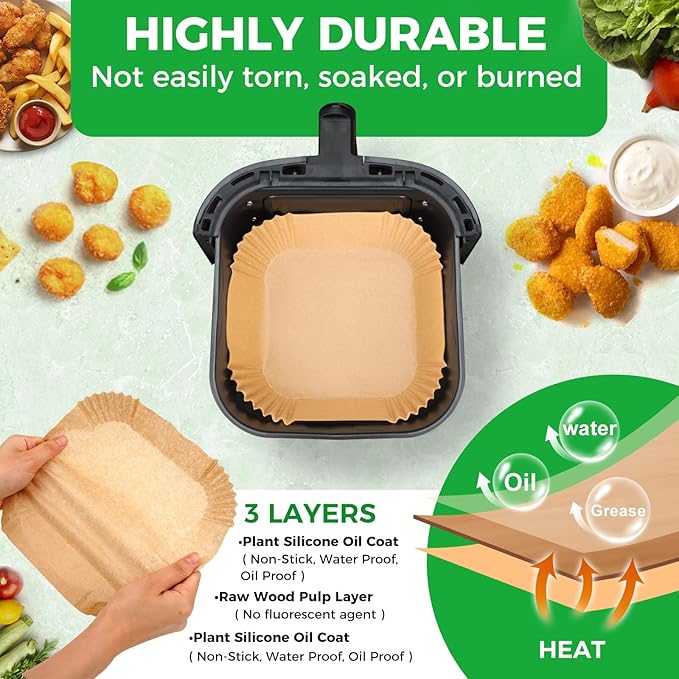Air Fryer Disposable Paper Liners - 150Pcs 8In Square Parchment Paper Non-Stick Airfryer Basket Liners for Steamer Microwave Oven, Deep Fryer Parts & Accessories
