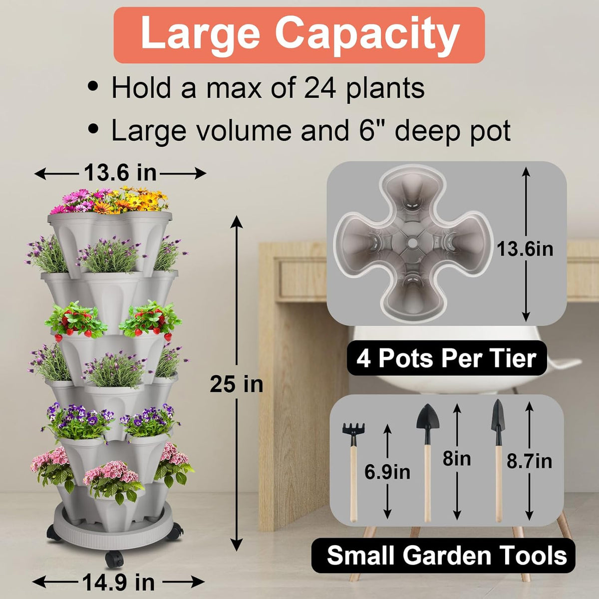 Vertical Planter 6 Tier Stackable Planters Garden Planters Strawberry Herb Flower and Vegetable Planter Indoor Outdoor Gardening Pots with Removable Wheels and Tools
