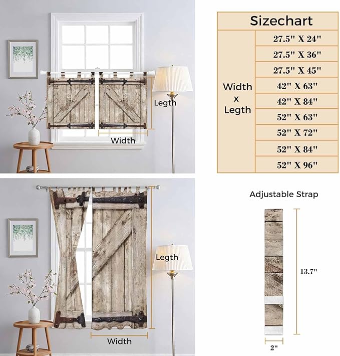 Farmhouse Wood Grain Kitchen Curtains 24 Inch Length, Small Window Curtains Tab Top, Vintage Country Barn Gate Brown Light Filtering Short Window Treatments Tier Drapes 27.5"x24" 2 Panel