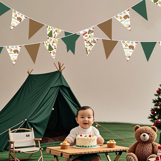 32Ft Camping Party Decorations Green Brown Camper Triangle Flag Fabric Banner Pennant Garland Streamers for Camping Birthday Glamping Baby Shower Campfire Adventure Woodland Travel Party Decor