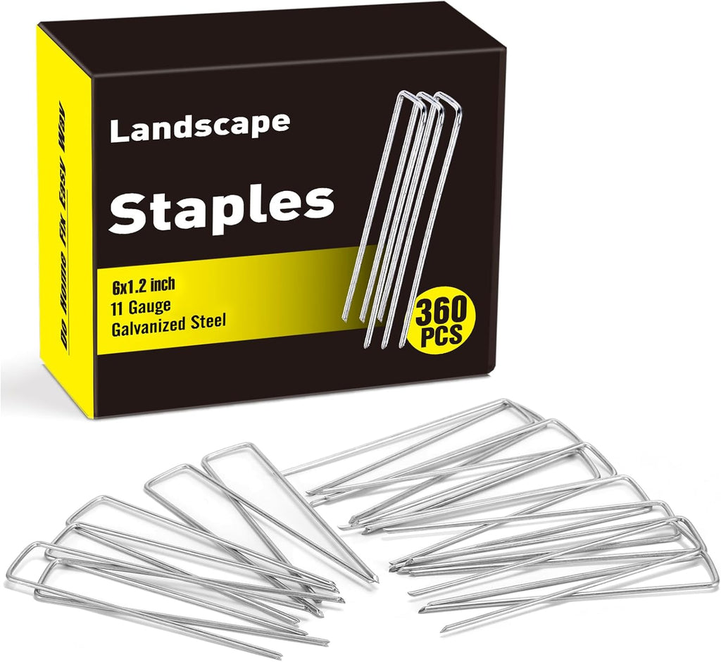 HongWay 360 Pack 6 Inch Landscape Staples, Galvanized Garden Staples 11 Gauge Ground Stakes Landscaping Fabric Pins Plant Cover Stakes Yard Staples for Lawn Fence Tent Hose Drip Irrigation Tube