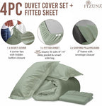 Pizuna 100% Cotton Queen 3 Pc Duvet Cover + 1 Pc Fitted Sheet Set 400 Thread Count Sea Foam Sateen Weave Luxurious Long Staple Cotton 4 Piece Bedding Set - 1 Duvet Cover,2 Pillow Shams,1 Fitted Sheet