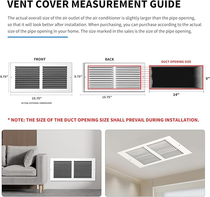 14x8 Vent Cover(Duct Opening Size),Air Return Vent Cover,Flat Vent Cover,Rejillas De Aire Acondicionado para Casa,Return Air Grilles,Outer Dimensions:15.75"Wx9.75"H(14"W x 8"H, Duct Opening)