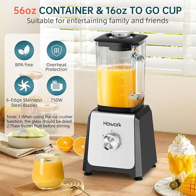 HOWORK Blender for Smoothies, 750W Personal Blender, 56 Oz Glass Jar, 16oz Portable Cups,2+P speed, 3 Functions for Smoothies, Frozen Drinks & Ice Cream,Grey
