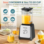 HOWORK Blender for Smoothies, 750W Personal Blender, 56 Oz Glass Jar, 16oz Portable Cups,2+P speed, 3 Functions for Smoothies, Frozen Drinks & Ice Cream,Grey
