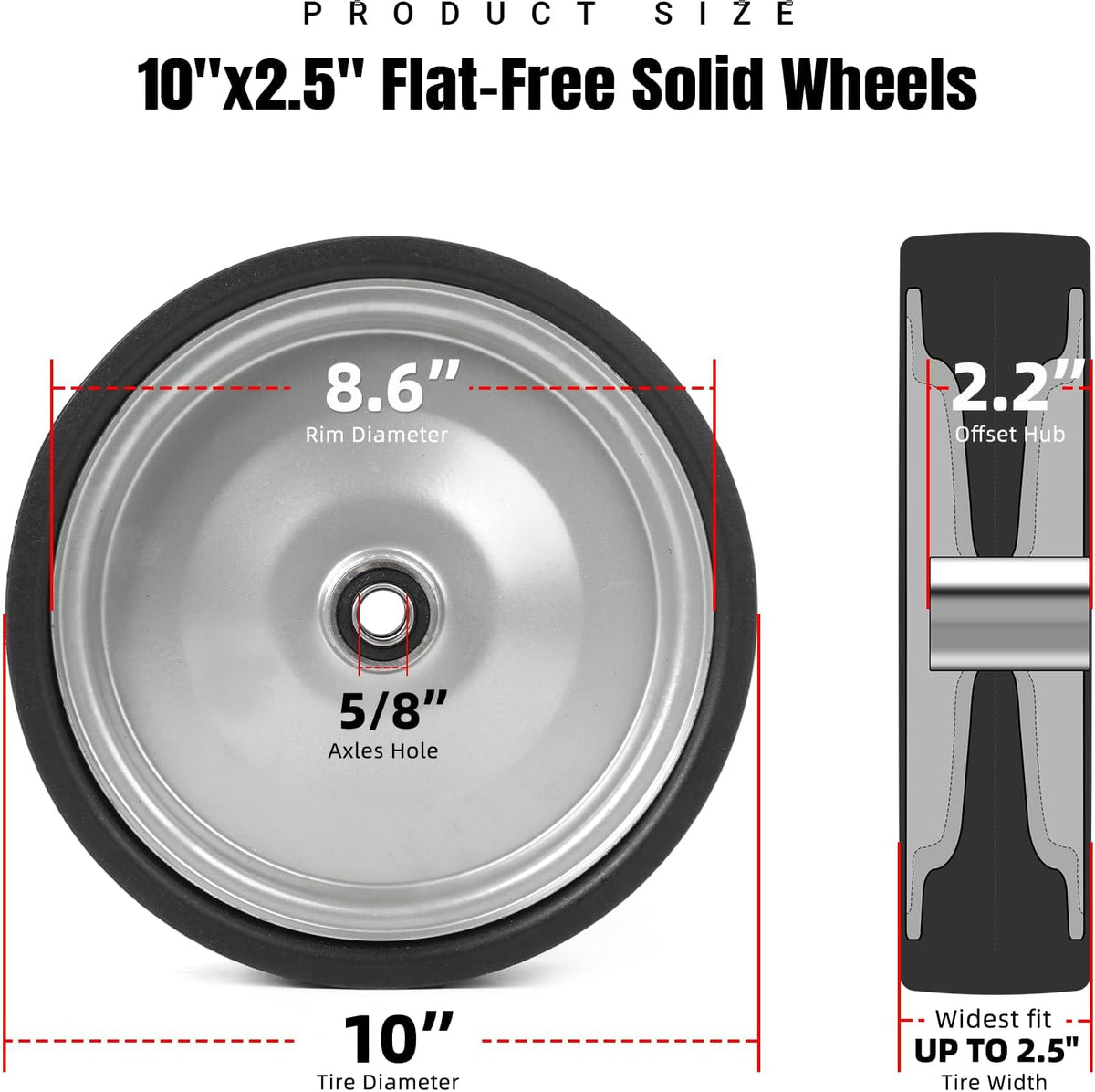 AR-PRO (2-Pack) 10"x2.2" Flat Free Solid Rubber Replacement Tires – 10 Inch Solid Wheels for Hand Trucks, Dollies, Utility Carts, and Wheelbarrows with 2.2" Offset and 5/8" Axle Hole
