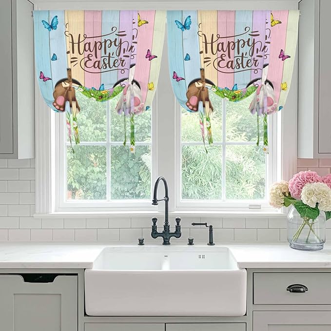 Tie Up Curtains,Happy Easter Rabbit Butt Egg on Daisy Leaf Adjustable Rod Pocket Window Shade Curtain Drape Bufferfly on Wood Barn Tie-Up Valance for Kitchen Bedroom Living Room Windows,34"x45"