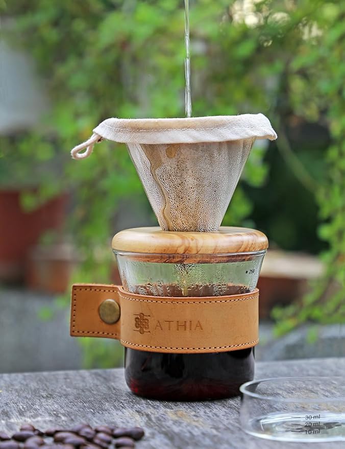 ATHIA glass pour over coffee maker set, minimalist drip coffee maker with reusable cloth filter, glass coffee dripper, olive lid & leather sleeve for single cup manual brewing (Olive Wood)