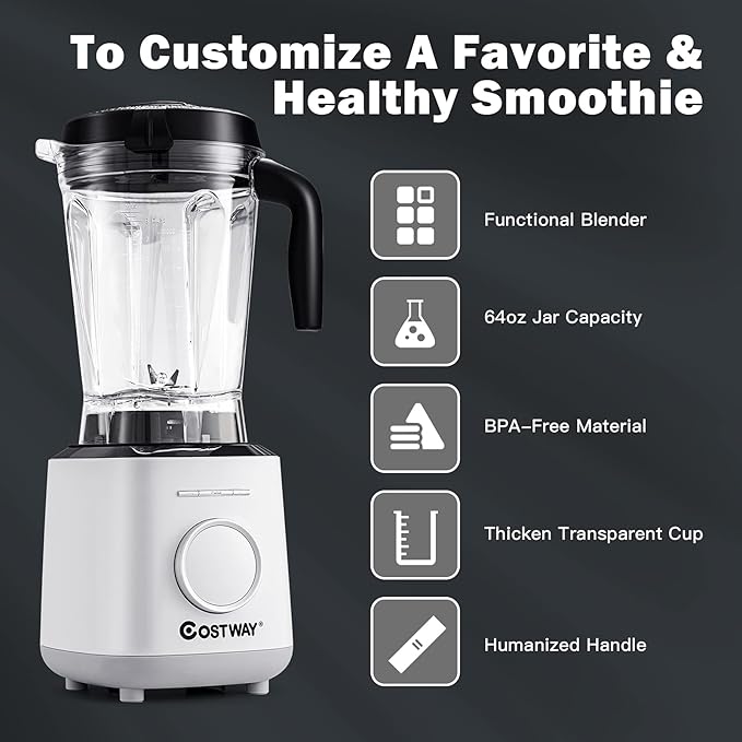 COSTWAY Professional Countertop Blender, 6 Pre-Setting Programs & 10 Speed Control, Smoothies Crushing Maker with 64oz Tritan BPA-Free Pitcher & Built-in Timer, Tamper, 1500W