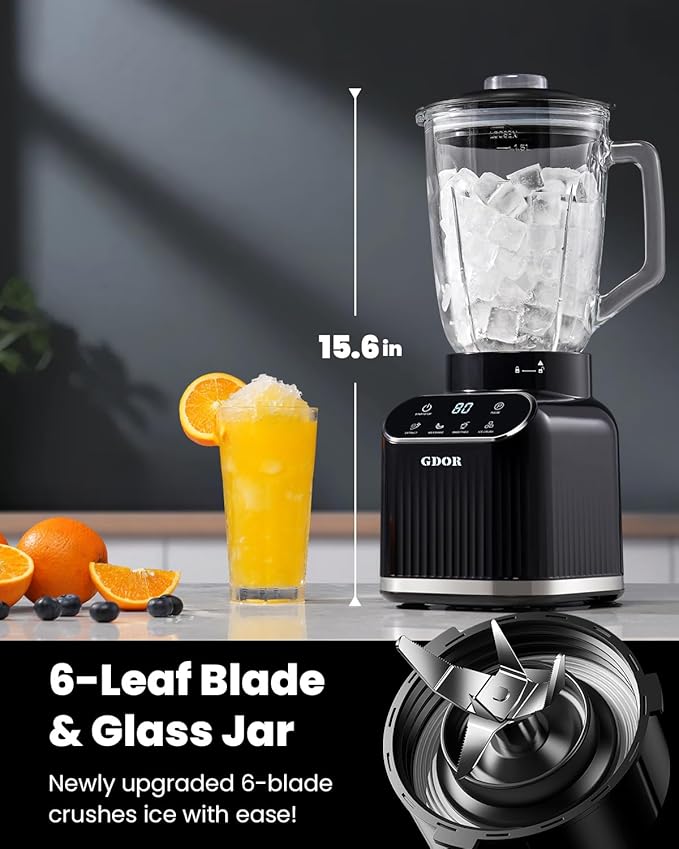 GDOR Professional Blender for Smoothies, 5 Functions, 1200 Peak Watts Smoothie Blender, 52 Oz Glass Jar & 24 Oz To-Go Cup Combo, Blenders for Smoothies, Ice and Frozen Fruit, Self-Cleaning