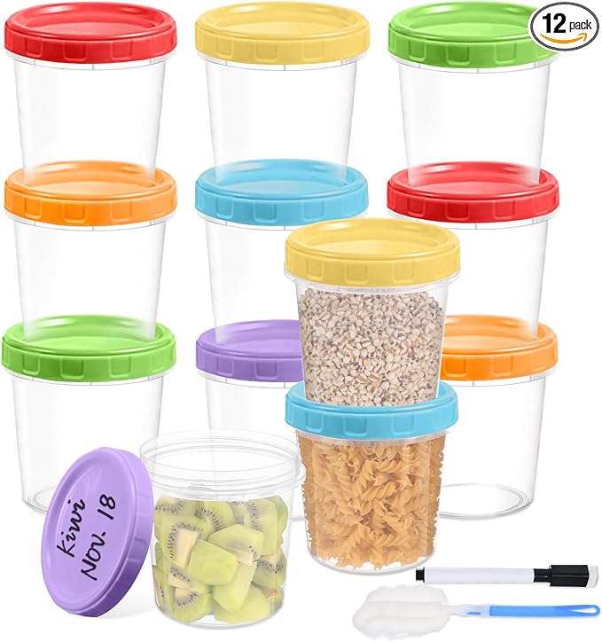 32 oz Plastic Containers with Lids, 12 Pack Stackable Freezer Soup Container, Reusable Clear Food Storage Meal Prep Containers for Snack Fruit, Microwave & Dishwasher Safe, with Pen & Brush