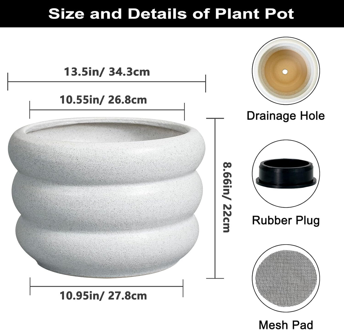 SQOWL Ceramic Planter Pot 13.5 Inch - Plant Pot Indoor with Drainage Hole Large Flower Pot Outdoor Modern Planter House Plant Pot for Office Front Door Porch Decor White