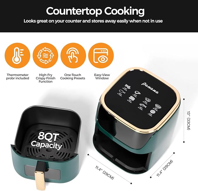 Panana 8QT Large Air Fryer Compact, 8 Preset Menus Airfryer, One-Touch Digital Control Presets, Touchscreen Display, Dishwasher Safe, Nonstick, Fit for Family (Green)