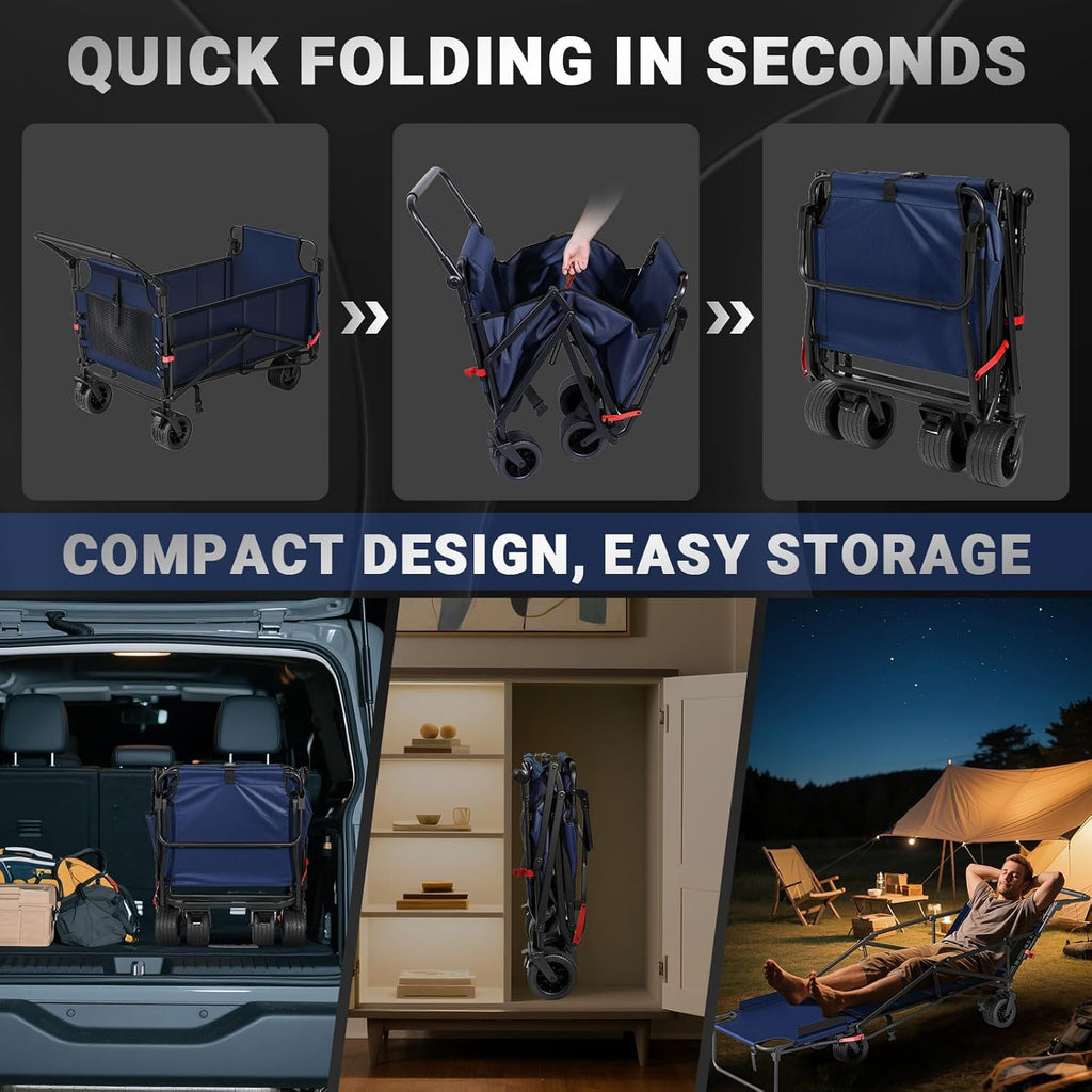 LEVELEVE Heavy Duty Folding Wagon - 2-in-1 Collapsible Cart, 650lb Capacity, All-Terrain Wheels w/Brakes & Side Pockets (Blue)