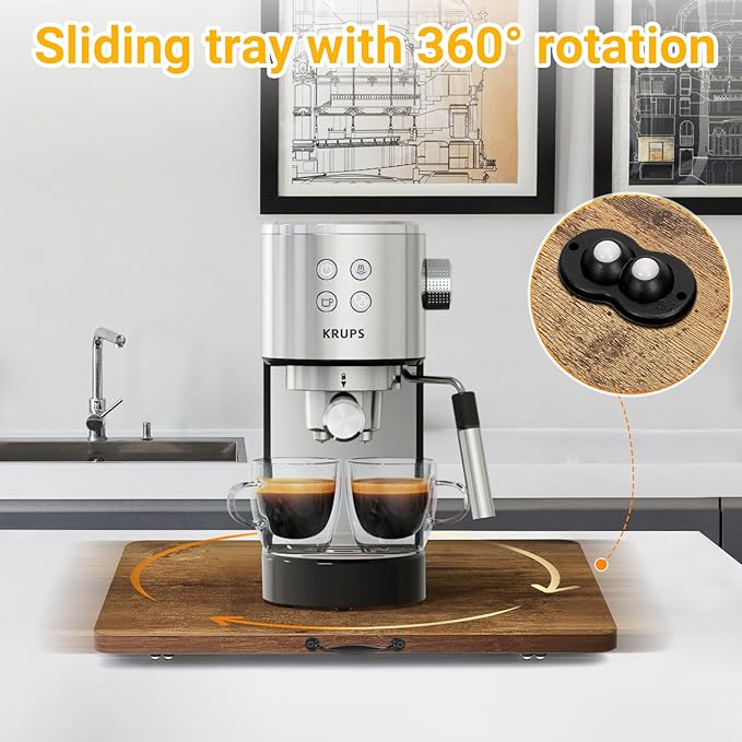 360° Rotatable Sliding Tray for Kitchen Appliances, Wooden Sliding Tray for Coffee Maker, Coffee Pot Slides for Countertop Installation, Easy to Slide (Brown, Large)