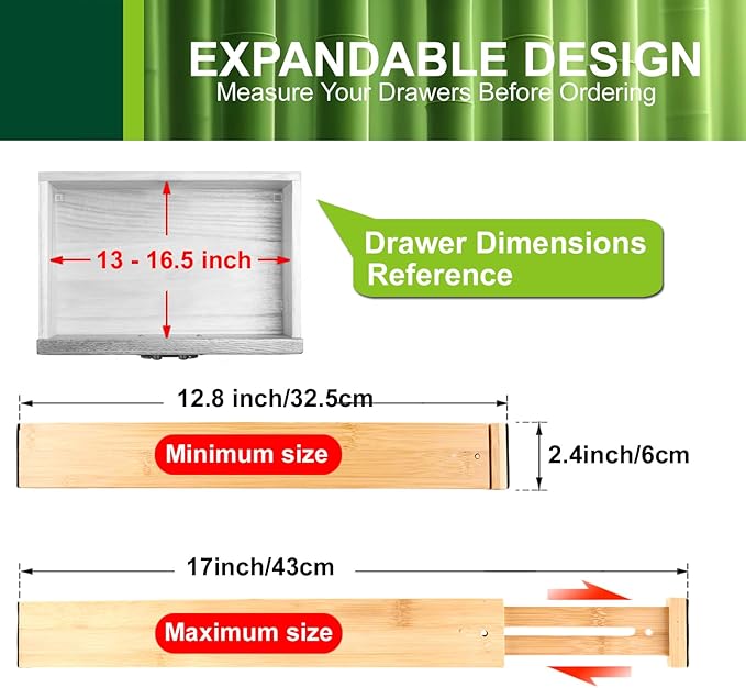 Kitchen Drawer Dividers, Adjustable Bamboo Drawer Organizer (12.8-17"), Expandable Utensil Organizer for Kitchen Storage, Closet, Dresser (4 Pack)