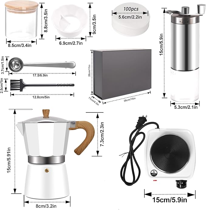 7-in-1 Aluminum Moka Pot Set with Electric Stove Hand Grinder Moka Dispenser Classic Stovetop Espresso Coffee Maker 150ml 5oz Mocha Express Portable Camping Travel Cafe Makers 3 Cup