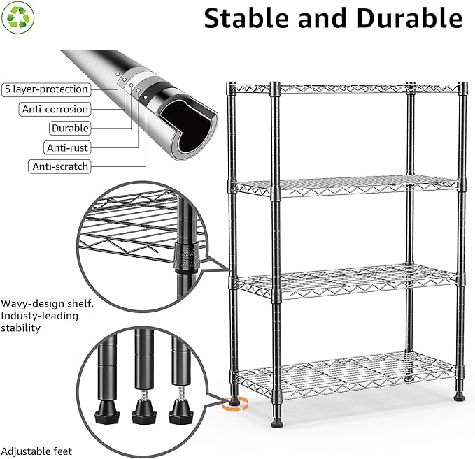 1000 lbs Storage Shelving Steel Heavy Duty 4-Tier Utility Shelving Unit Steel Organizer Wire Rack for Home,Kitchen,Office (13.7" D x 29.5" W x 47.2" H)