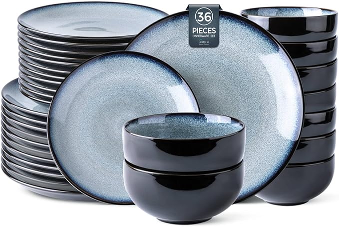 LERATIO Ceramic Dinnerware Sets for 12, 36 Pieces Plates and Bowls Sets,Reactive Glaze Dishes -Scratch Resistant, Dishwasher&Microwave Safe&Oven Safe