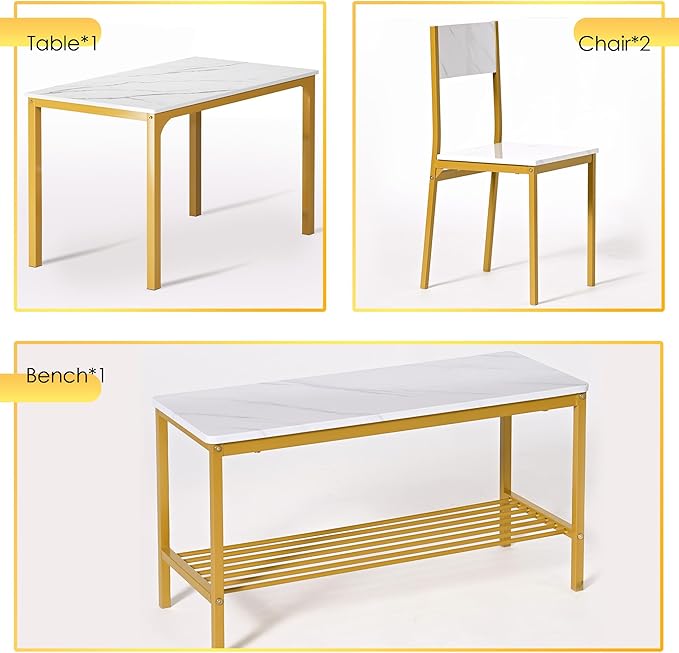 soges 4 Person Dining Table Set,43.3 inch Kitchen Table Set for 4,2 Chairs with Backrest,2-Person Bench with Storage Rack,Nesting Furniture Set for Dining Room and Restaurant, White Gold