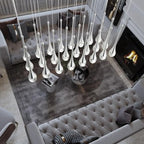 24-Lights Raindrop Chandeliers for Dining Room, Chrome Rectangular Pendant Lights Fixture,Teardrop Pendant Lights Kitchen Island, Adjustable Rectangular Chandelier for Entryway Foyer High Ceiling