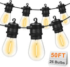 50FT LED Outdoor String Lights with 26 Shatterproof S14 Edison Bulbs (2 Spare), Dimmable Hanging Outdoor Lights for Backyard, Porch, 2700K Warm White