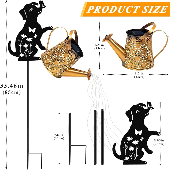 Solar Lights Outdoor Decorative, Watering Can with Cascading Lights, with Dog Silhouette Garden Stakes, Waterproof Metal Garden Decor for Yard Art, Outside, Patio, Lawn Ornaments(1 Pack)
