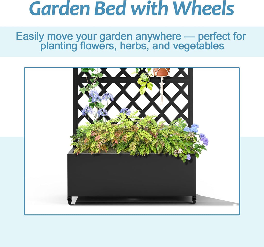 Metal Planter Box with Trellis & Wheels, Raised Garden Bed with Privacy Screen, Outdoor Standing Flower Beds with Drainage Hole for Climbing Plants, Vine, 35.4" L x 15.7" W x 70.9" H, Black