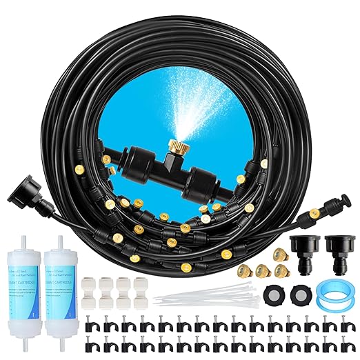 100FT Mister for Outside Patio Misting Cooling System, 100FT (30M) Misting Line+32 Brass Mist Nozzles+Water Filter, Outdoor Mister System for Garden Greenhouse Trampoline Waterparke