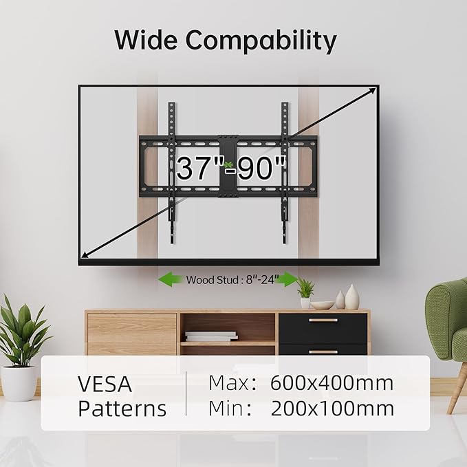 USX MOUNT Tilting TV Wall Mount for Most 37"-90" Flat Curved Screen Television, TV Bracket with Max VESA 600x400mm up to 132lbs, Low Profile Tilt Mount for 16", 24" Stud