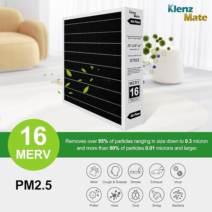 Upgraded 2 - Pack X7935 20x20x5 MERV 16 Air Filter Bundle,Carbon Clean Healthy Climate,Replacement Filter Media for HCC14-23 Lennox & Honeywell FC100A1011/FC200E1011 (2 - Pack)