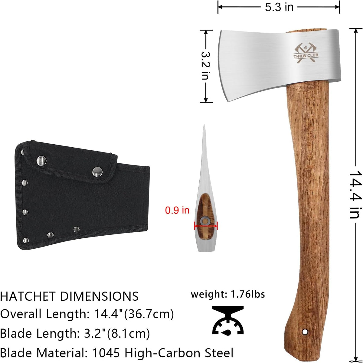 Camping Hatchet, 14.4" Survival Throwing Axe with Sheath, Survival Hatchet with Ergonomic Wood Handle for Camping, Chopping and Hiking