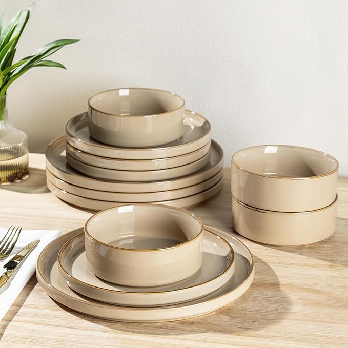 GBHOME Ceramic Dinnerware Sets for 4, 12 Pieces Stoneware Plates and Bowls Sets, Reactive Glaze Dishes -Scratch Resistant, Dishwasher&Microwave Safe-Warm Sand