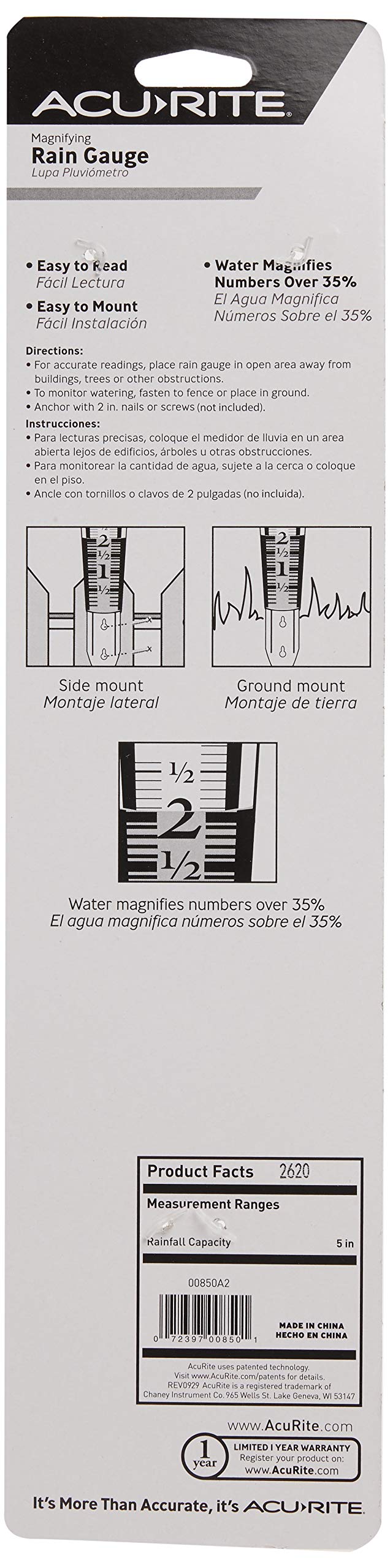 AcuRite 5" Capacity Easy-to-Read Magnifying Rain Gauge, Acrylic (00850A3)