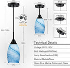 Mini Glass Pendant Light 4.72" with Handblown Blue Marble Art Glass Hanging Light 3-Pack Oval Ceiling Hanging Light Fixture for Dining Room Kitchen Island Cafe Foyer Hallway