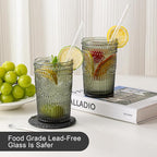 Vintage Glassware Drinking Glasses Set of 6,13 oz Grey Textured Flower Design Glass Water Tumblers，Embossed Striped Drinkware for Water,Cocktails,Juice,Iced Coffee