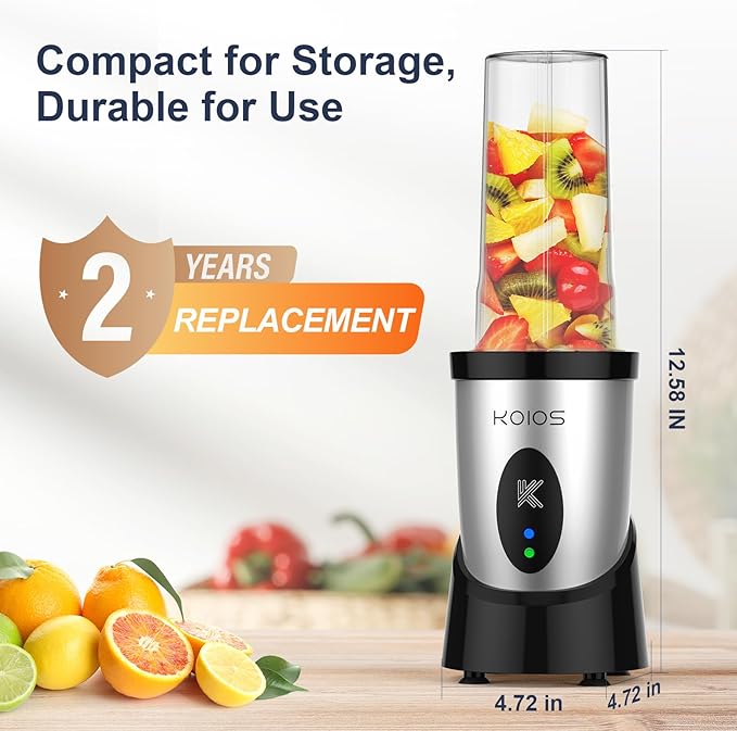 KOIOS Smoothie Blender, 900W Personal Blender for Shakes and Smoothies Kitchen with 2 No-BPA 22oz Portable Cups, Single Serve Smoothies Maker Mixer for Juices, Nutritious Recipe, Sliver