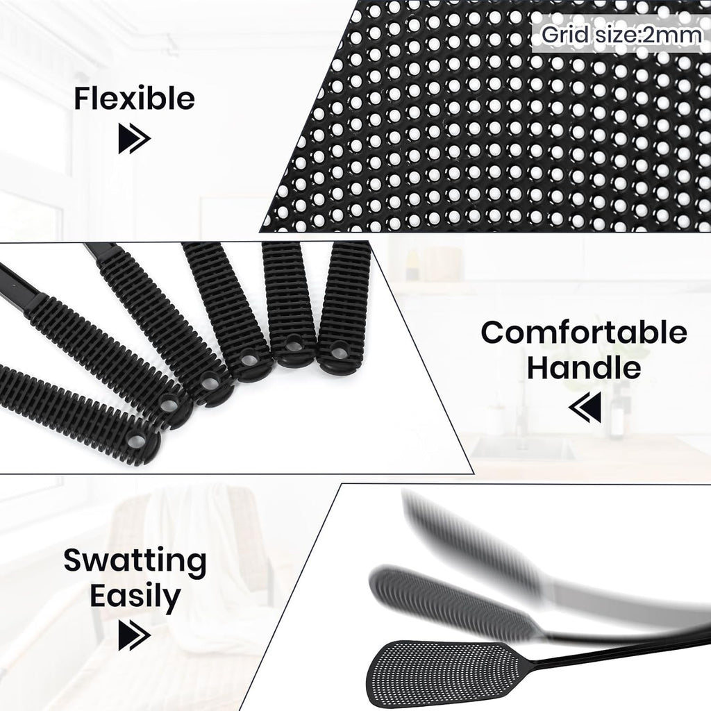 6-Pack Heavy Duty Long Handle Fly Swatter, Fly Swatter for Indoors, Black
